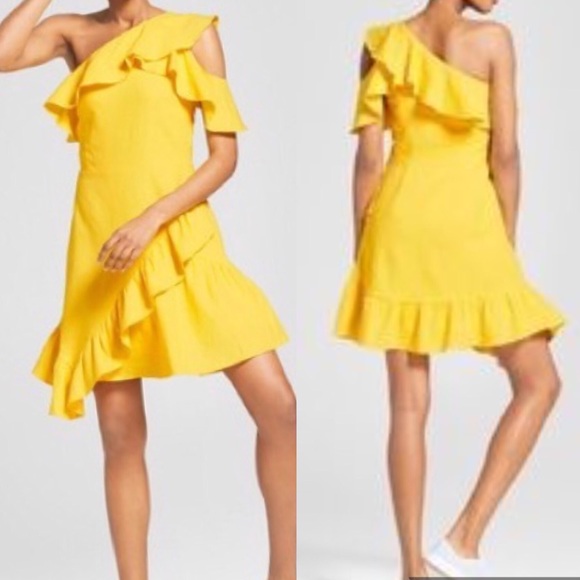 yellow one shoulder ruffle dress